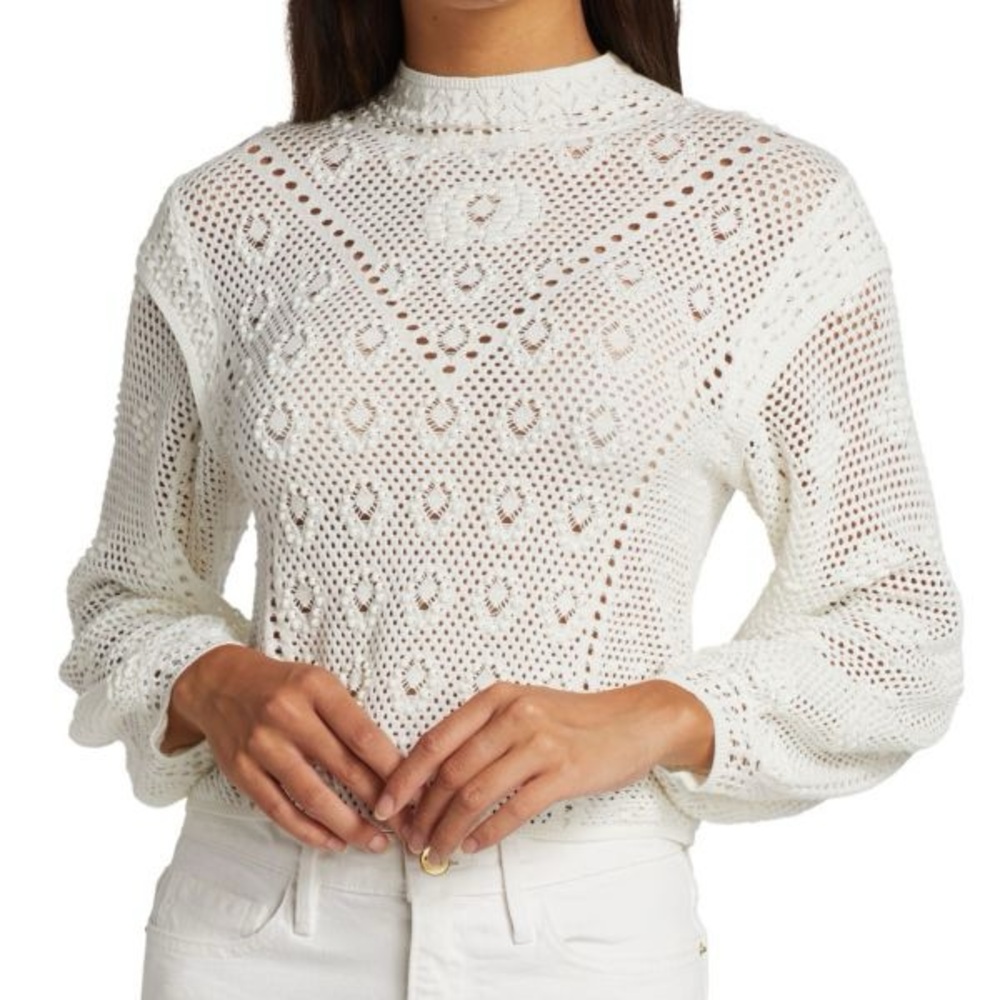 Frame Denim Ivory Open-Knit Mock Neck Sweater